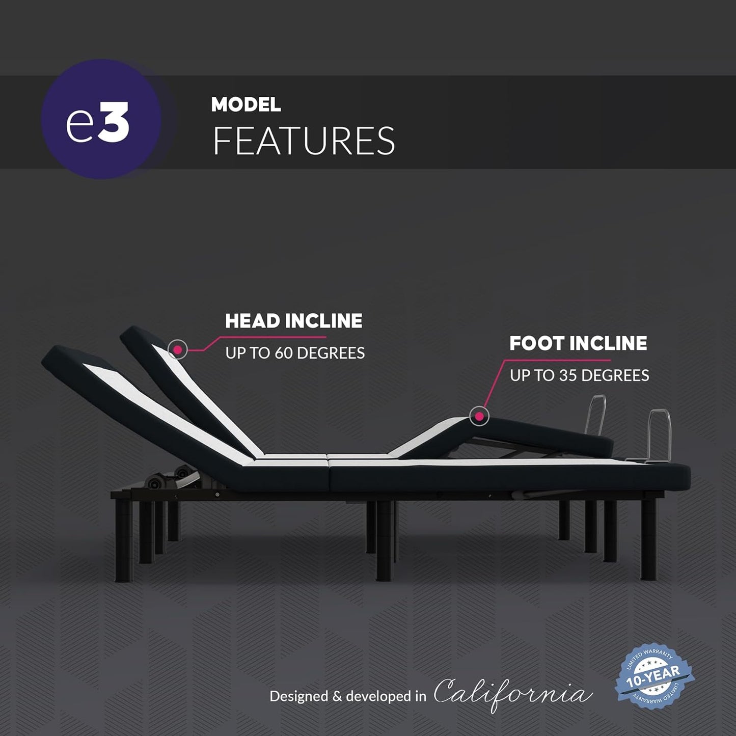King Adjustable Bed Base Frame with Head and Foot Incline, Wireless Remote Control, Easy Assembly, and 10 Year Warranty