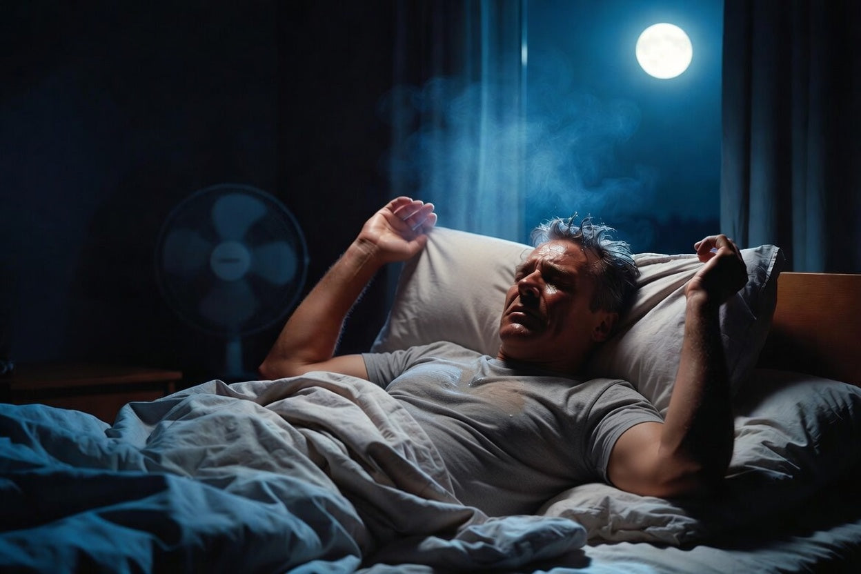 Man lying in bed looking uncomfortable and hot